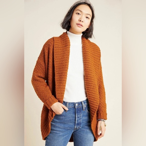 Anthropologie Denise Textured Knit Cocoon Cardigan Sweater Rust Orange Brown M - Picture 2 of 15